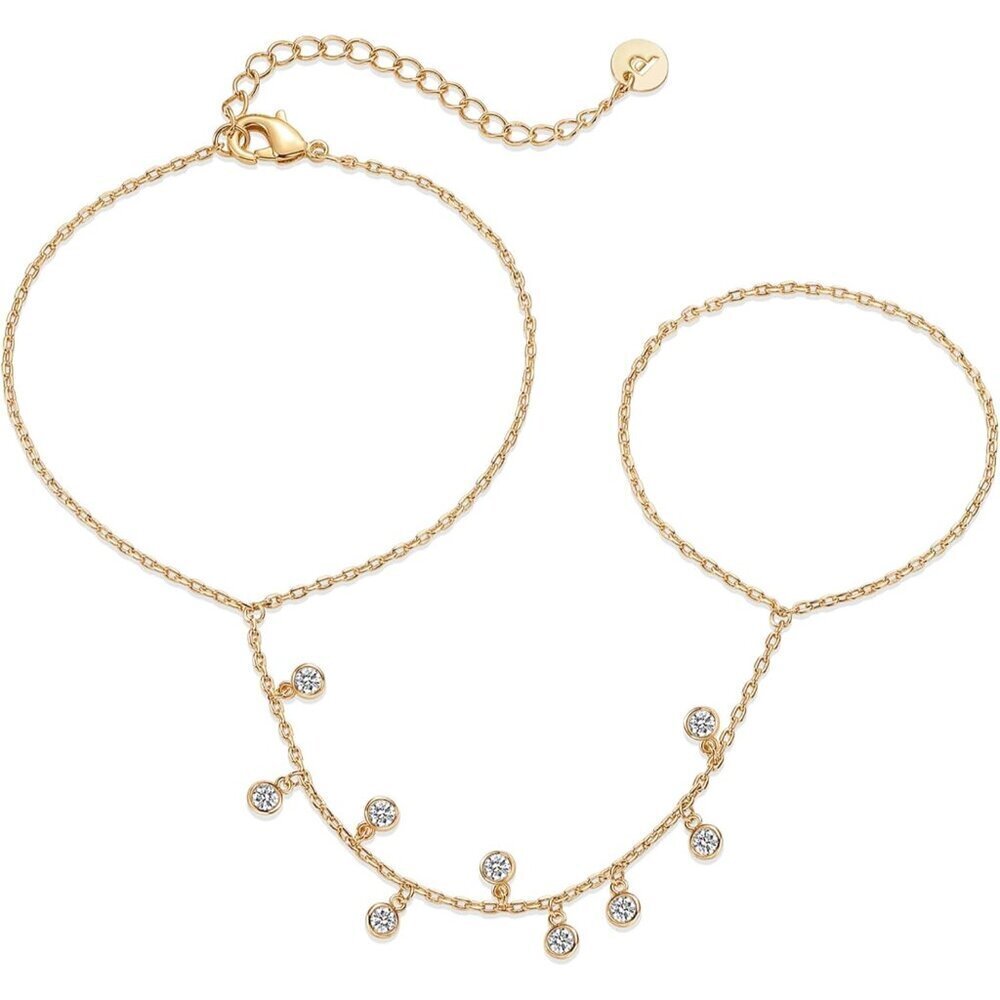 14K Gold Plated Hand Chain Bracelet and Ring Beads Pearl Cubic Zirconia Jewelry